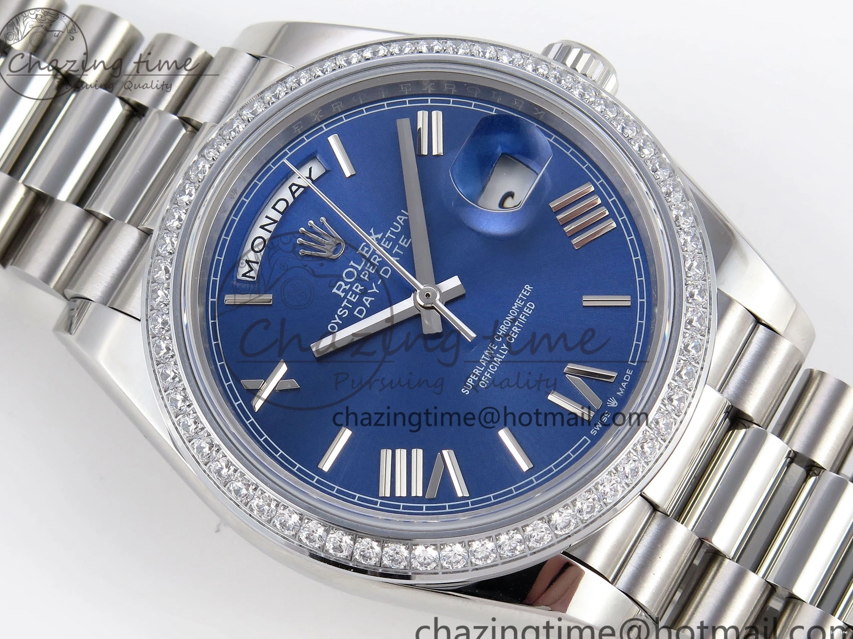 MiroTime 0426 QuickDry DayDate 40 SS GSF Gain Weight Blue Roman Dial Diamonds Bezel on President Bracelet A 1917